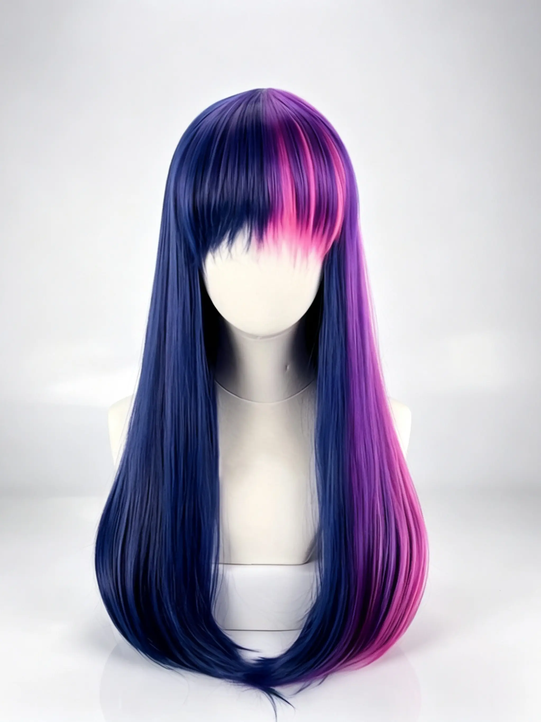 A blue, purple and pink mixed color cosplay wig. This purple wig with a fringe is suitable for anime character cosplay and Halloween costumes. Synthetic Fiber Wigs