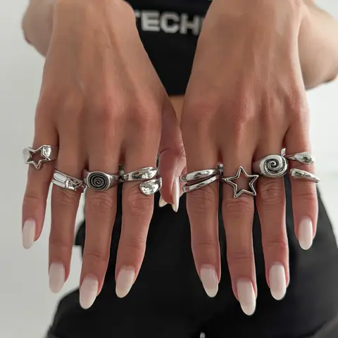 8 Pcs Antique Silver Multi-Shape Open Vintage Rings Set, Spiral & Hollow Star Design, Y2K Style, Party Jewelry Gift for Women