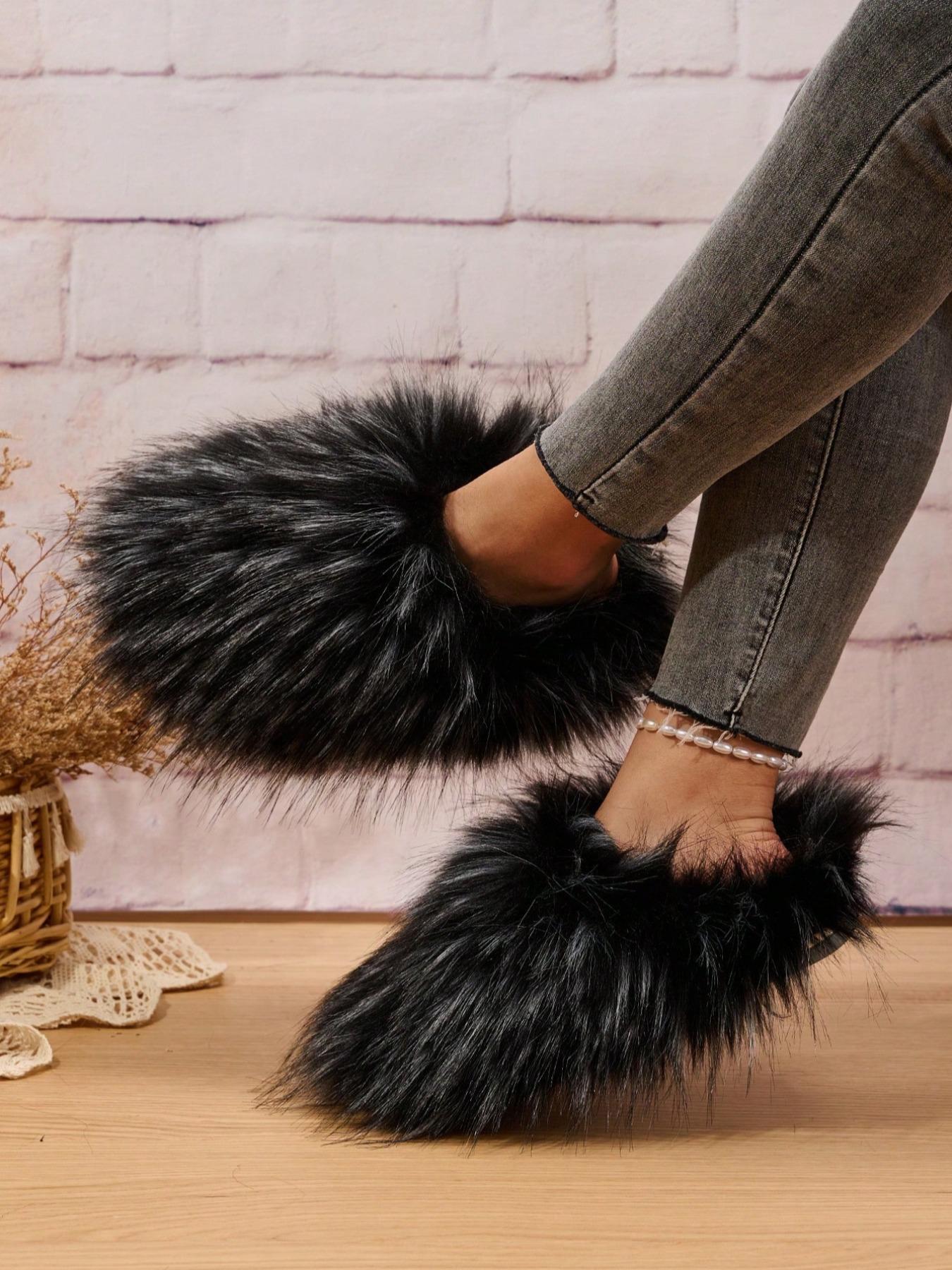 Women's Fashionable Minimalist Fluffy Slide Slippers, Soft Plush Faux Slippers, Fuzzy Warm Slippers, Warm & Cozy Bedroom Slippers for Fall & Winter, Fluffy Home Slippers