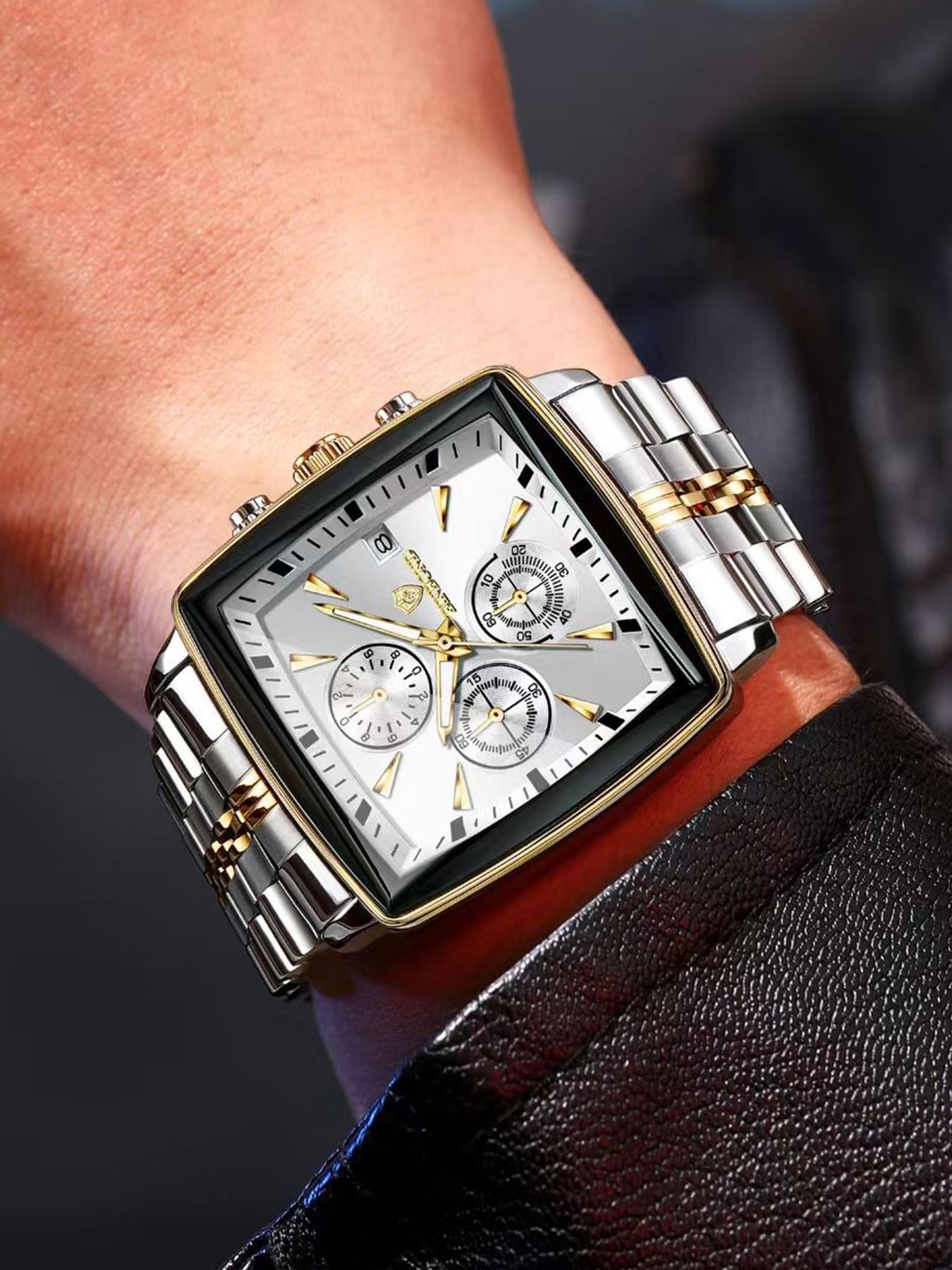 A men's multifunctional square business steel strip fashionable three eye six pin quartz watch Modern Fashionable Wristwatch