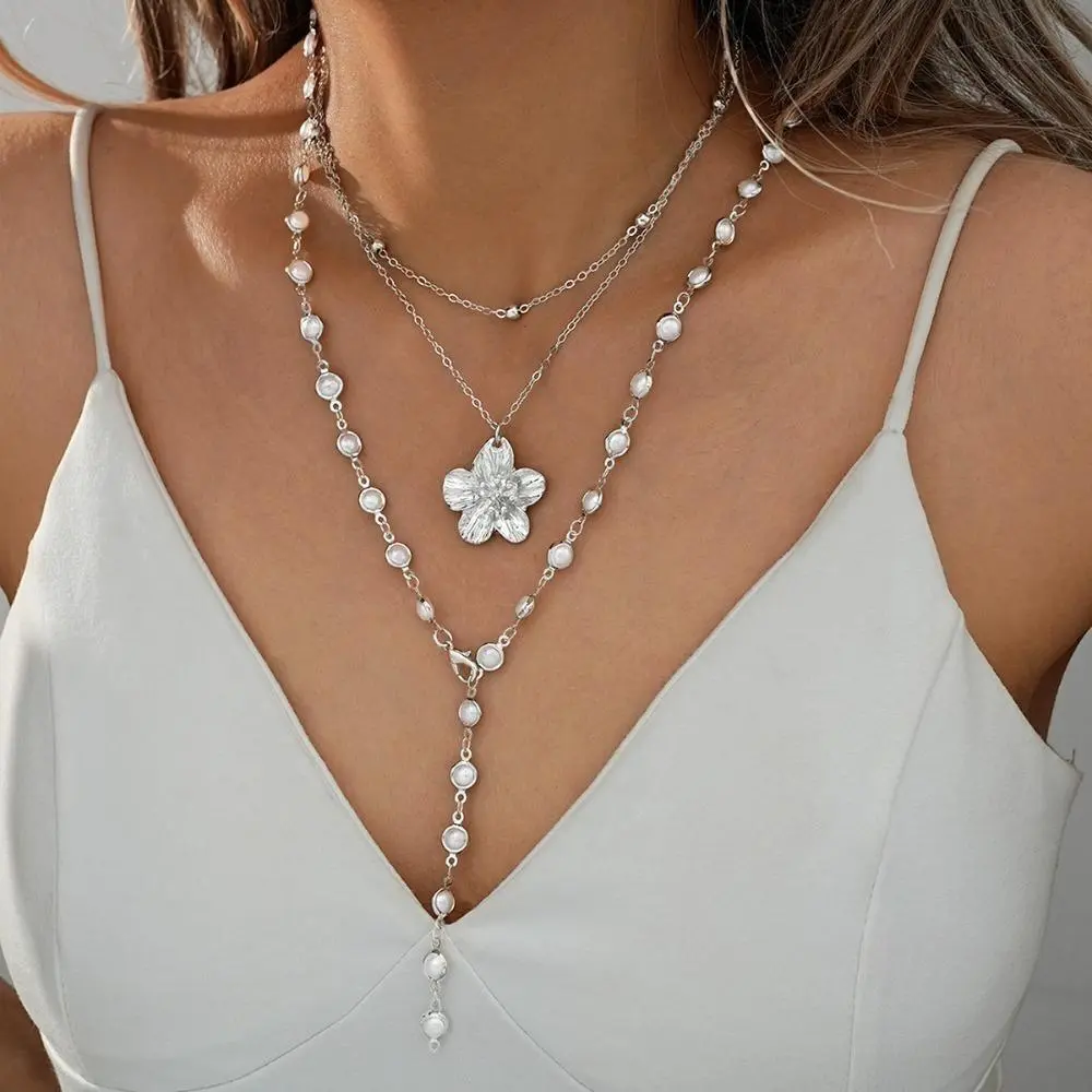 2-Piece Layered Statement Necklace Set, Boho Y-Necklace with Faux Pearl Flower and Tassel Pendant, Lightweight Summer Beach Jewelry, Layered Statement Necklaces