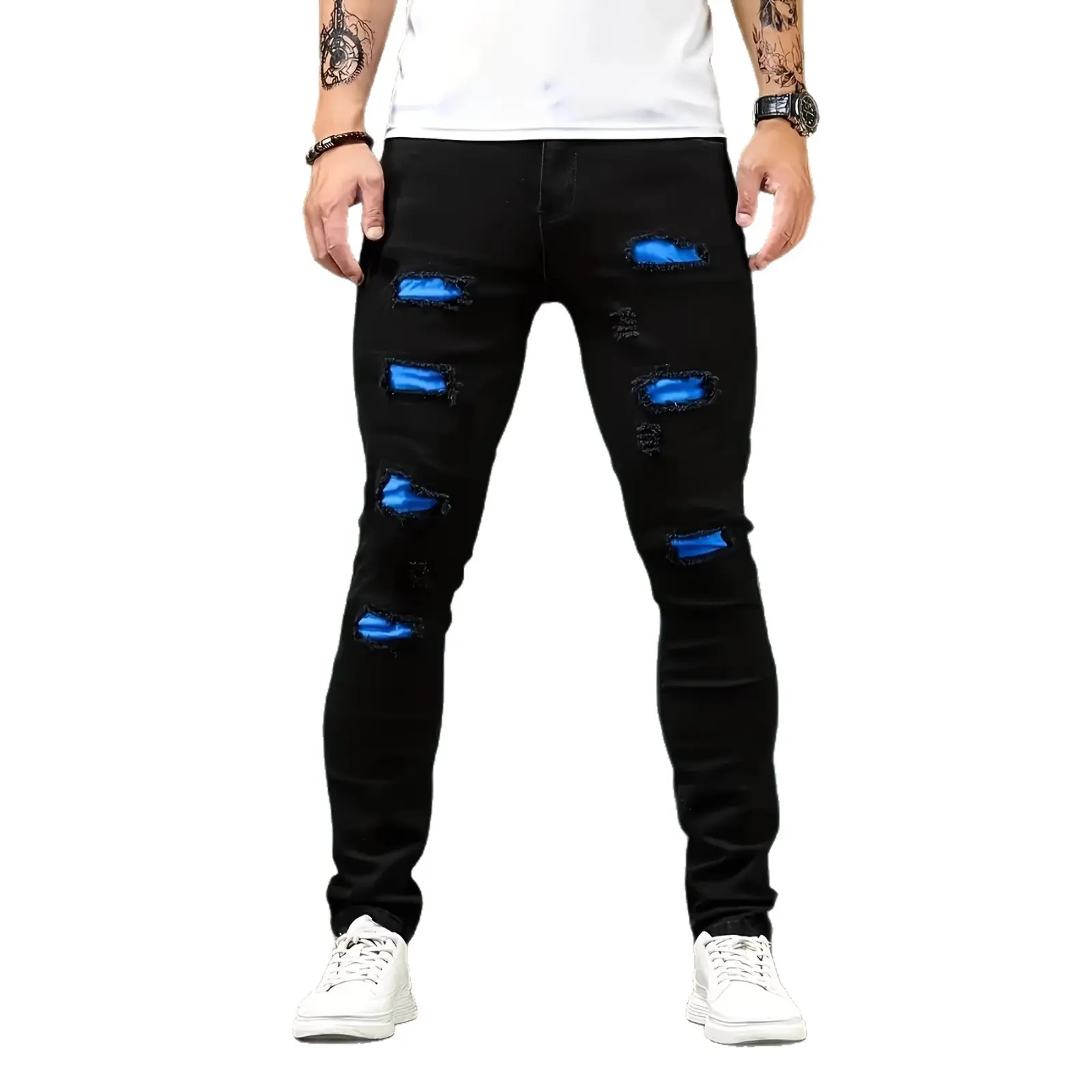 2026 Trending TikTok Men's Black Stretch Jeans – New Autumn Style featuring Distressed Details, Patchwork, and Multi-Craftsmanship Design (Slim-Fit Tapered Cut)--LM-KJ008:1991