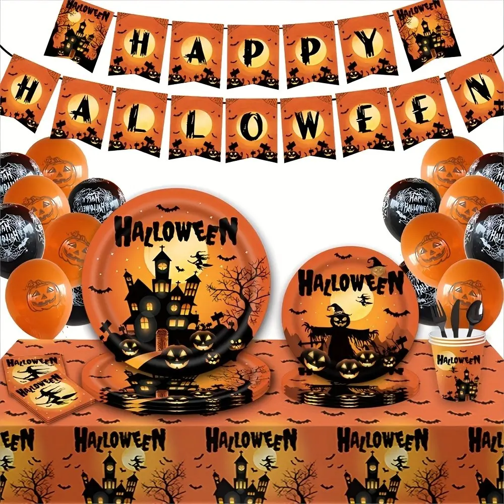 Halloween Party Decor Tableware Kit 114Pcs for 16 Guests, Disposable Paper Plates Cups Napkins Table Cover Halloween Banner Plastic Fork Spoon Knife