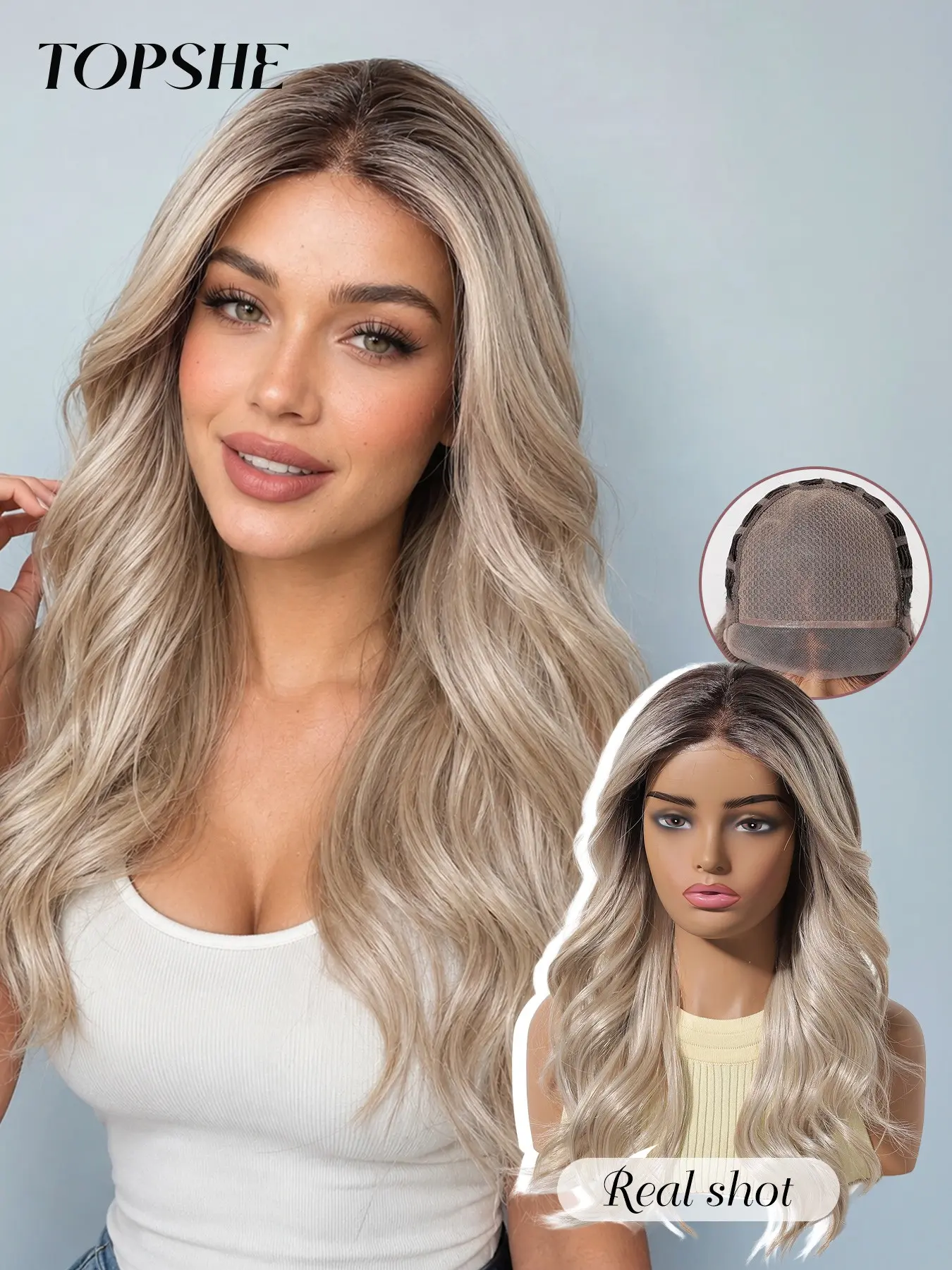 Topshe Mono Long Wig, Synthetic Wig, Root, Light Milk Tea Gold Gradient, Side Part, Wavy, No Bangs, Easy Care, Full Headpiece, All Seasons