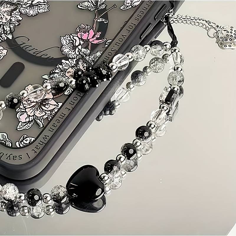 Black Strawberry Bear Love Phone Chain Charm Wrist Strap Keycord Cellphone Lanyard Girl Keychain Mobile Phone Case Hanging Chain
