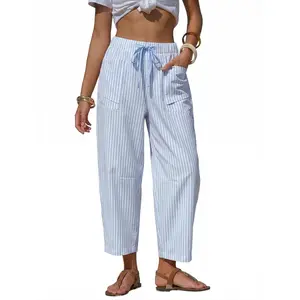 Womens Faux Linen Striped Barrel Pants Comfy Drawstring Capri Pant Summer Beach Vacation Lounge Trousers with PocketsAB20Lumora Living