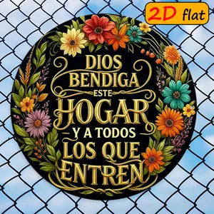 1pc 2D Flat Round Spanish Blessing House Sign, "May God Bless This House" Prayer Wall Decor with Bright Floral Patterns & Spanish Phrases, Suitable for Outdoor Entrance Door Plate, Perfect Blessing Gift