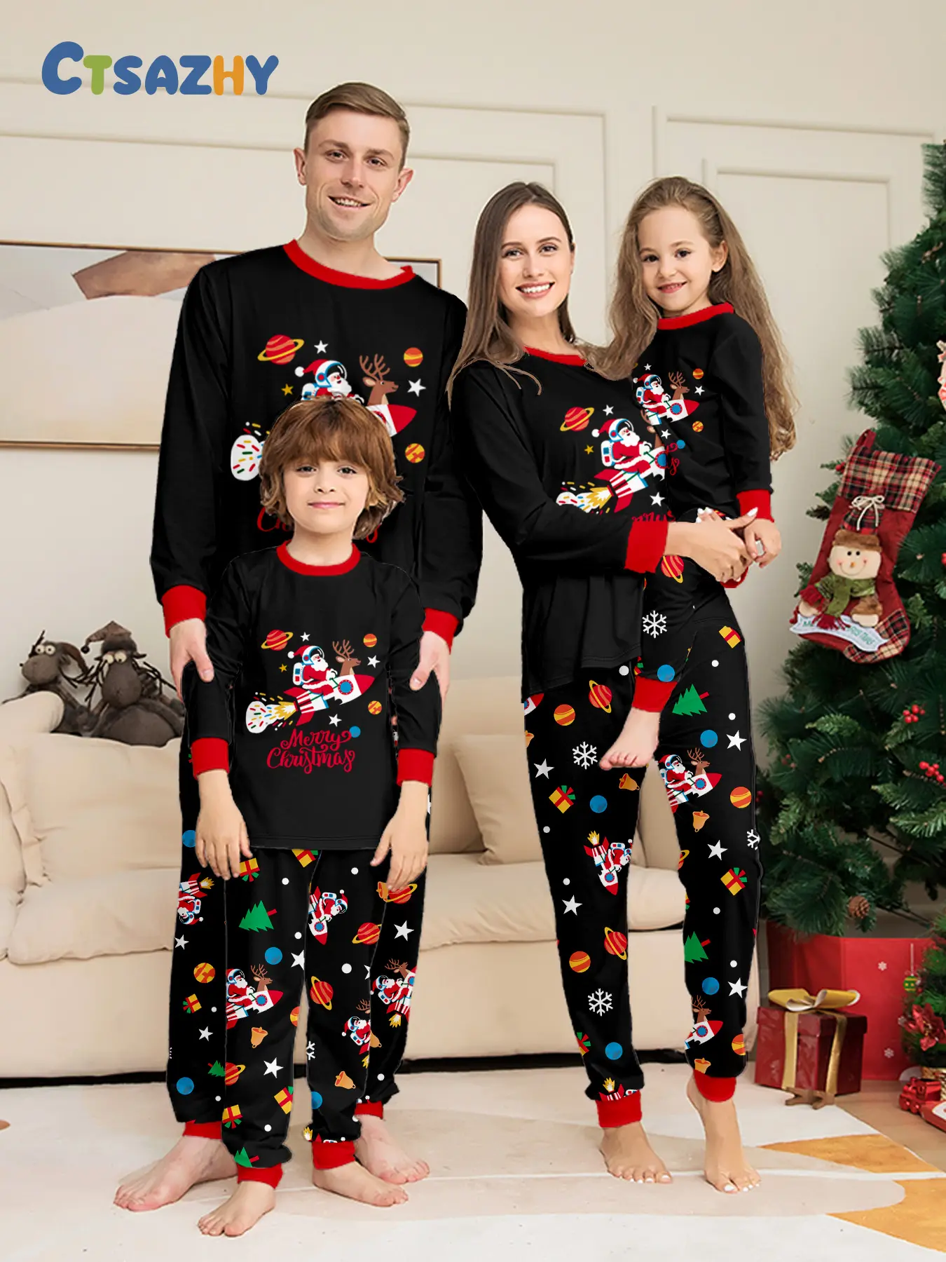 Black Matching Family Christmas Pajamas Set, Rocket Santa & Planet Print Crew Neck Long Sleeve Tops Cuffed Pants, Xmas Holiday Loungewear for Men Women Boys Girls Family of 3 4