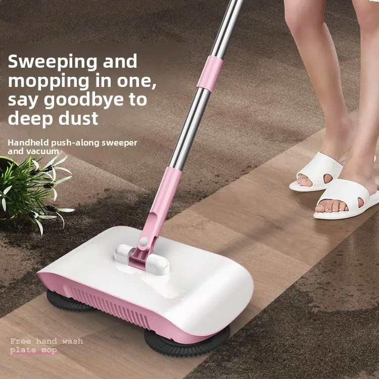 Hand-push sweeper and mop 2-in-1, capable of dust removal and dirt cleaning, time-saving and efficient, with foldable mop for storage