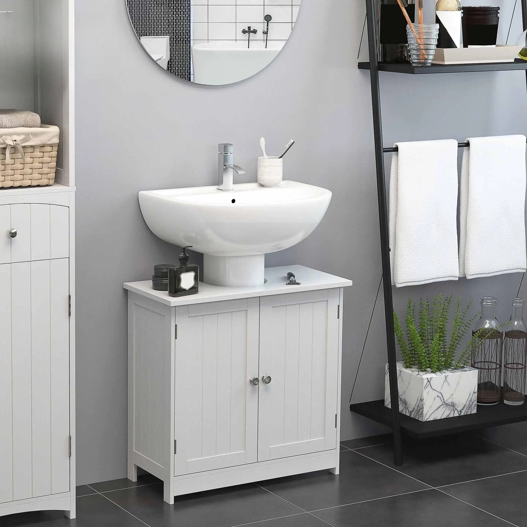 Bathroom Vanity Furniture Featuring a White Under-Sink Cabinet with Two Doors And a Shelf, Designed for Pedestal Sinks