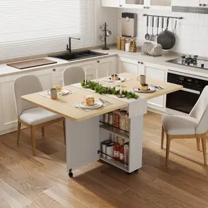 Folding Dining Table with 6 Wheels & Storage – Space Saving Compact Kitchen Table with Drawer Shelves for Small Apartment Studio
