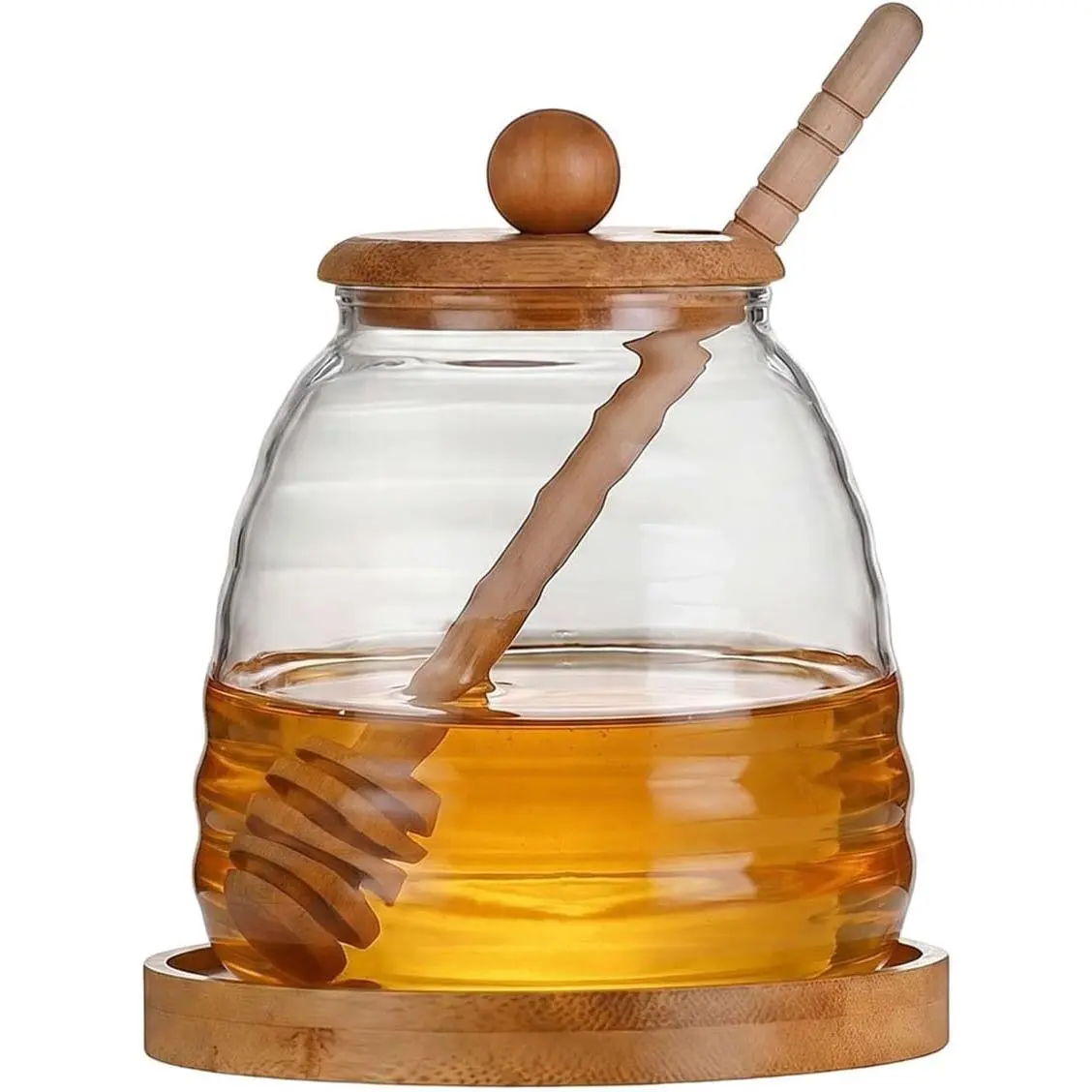 16.7 Oz Glass Honey Jar with  Lid and Wooden Dipper, Empty Honey Pot Container,  Syrup Dispenser, Clear Glass Honey Storage Holder for  Kitchen Daily Use