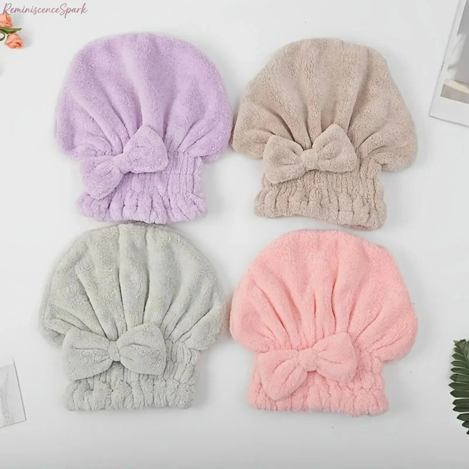 4pcs & 2-Piece Pack Bow Decor Shower Cap & Hair Drying Wrap Set - Soft Ultra-Absorbent Reusable Hair Towel, Waterproof Personal Self-Care Gift for Daily Bath, Camping, Water Proof