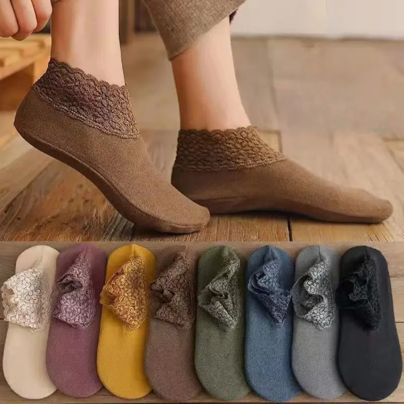 8Pairs Women's Lace Trim Casual Ankle Socks, Non-slip Cozy Winter Silicone Socks, Elegant Warm Home Slipper Socks
