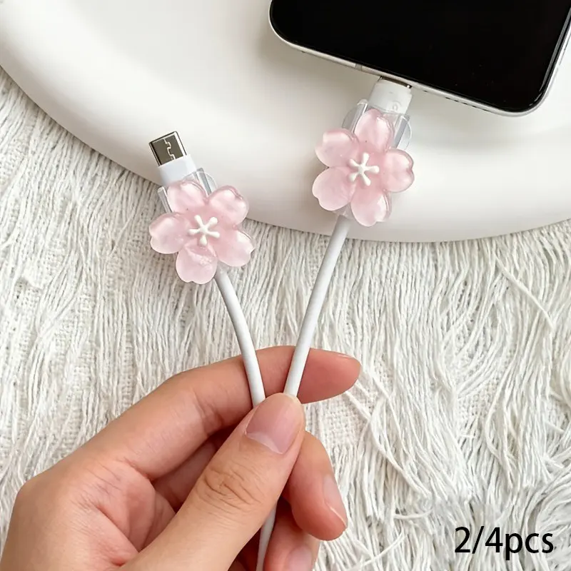 2/4pcs Cherry Blossom Phone Charging Cable Protector, Data Cable Protection Set (Battery Not Included), Perfect Gift for Birthdays, Weddings, Valentine'S Day, Back to School, Father'S Day, And Halloween – Cute Little Gift for Loved Ones