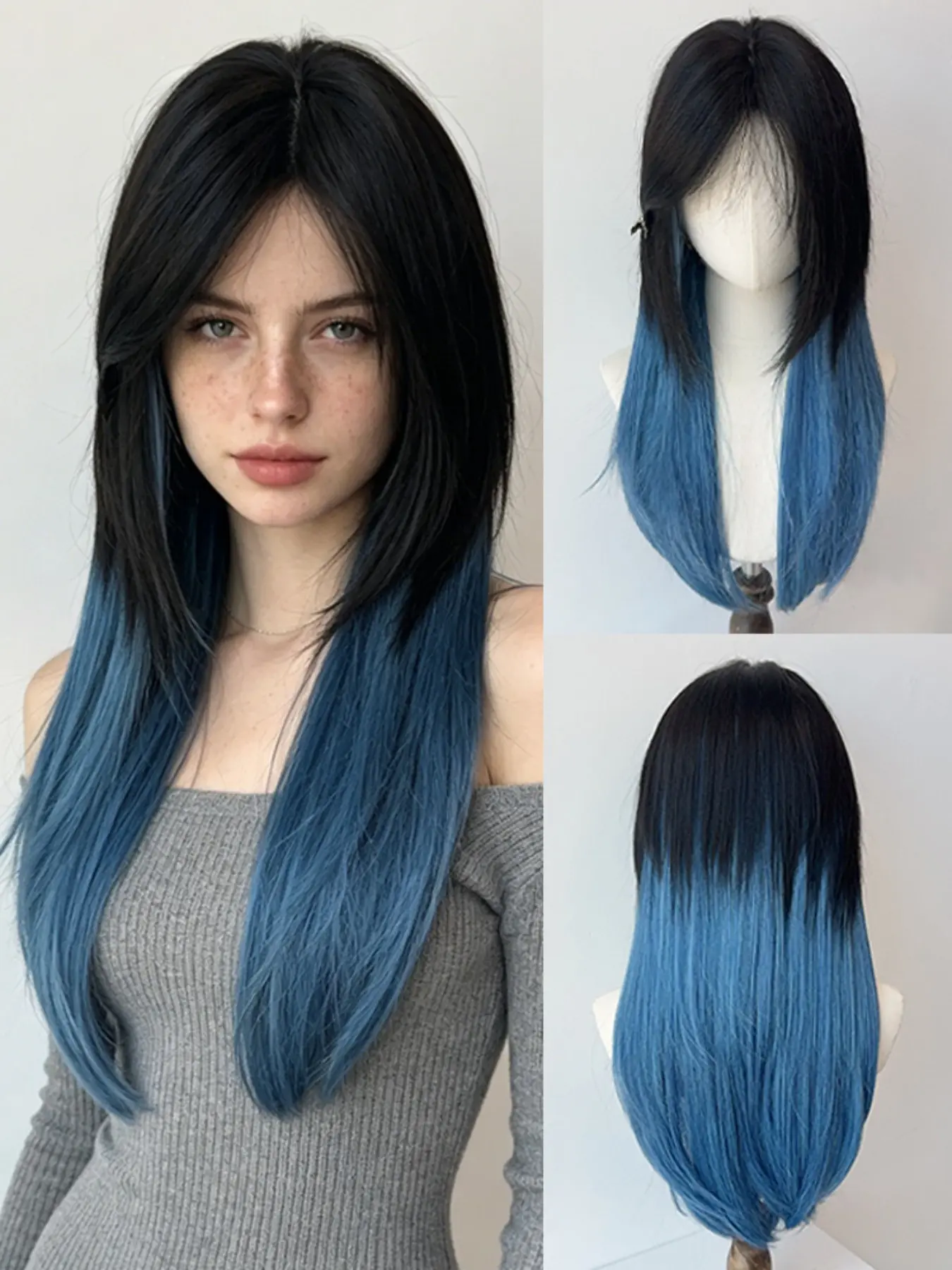 Black to Blue Gradient Layered Wig with Middle Part Bangs, matte heat-resistant fiber, breathable rose net cap, fluffy & silky with rich layers, realistic hairline, perfect for daily/work/party/chic, a must-have fashion wig!