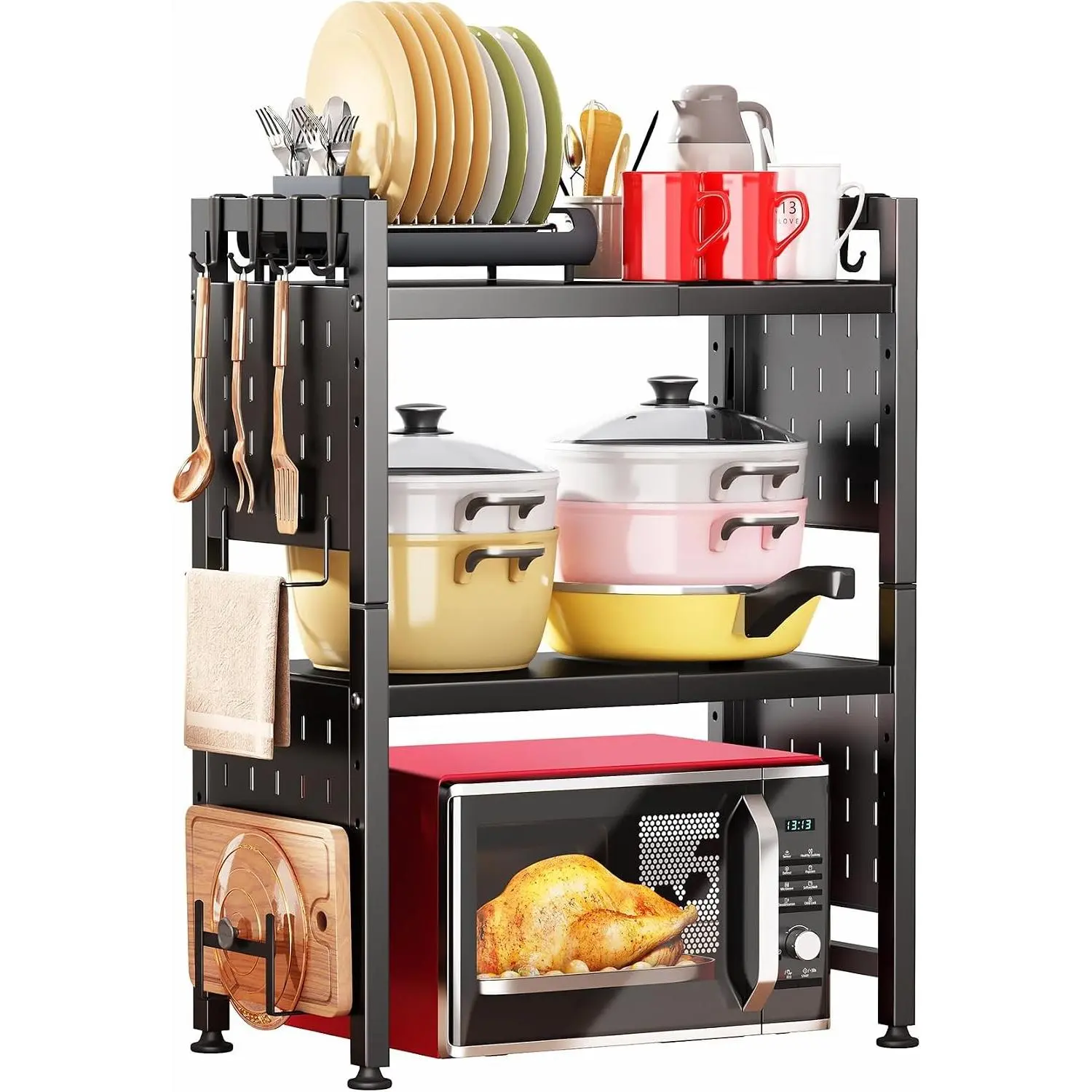 Microwave Stand, 3-Tier Expandable (17.4"-27.4") Heavy Duty Adjustable Shelf Microwave Oven Rack, Kitchen Countertop Organizer with 9 Hooks & Cutting Board Holder, Holds up 180 lbs, Black
