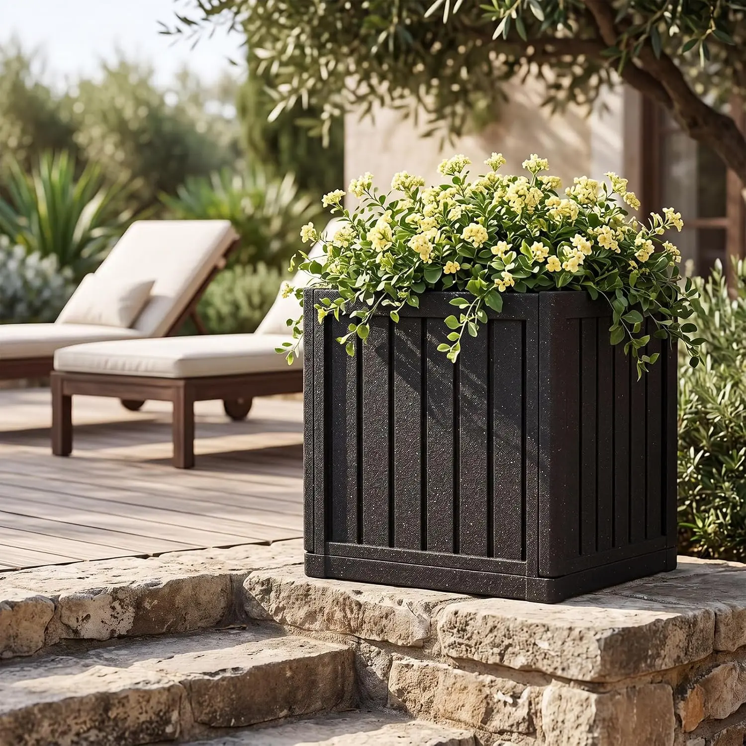 17.7" Large Square Planter Box for Outdoor , Black | -Weather Resistant HDPE Planter with Breathable Drainage Hole for Patio, Porch, Garden, Balcony