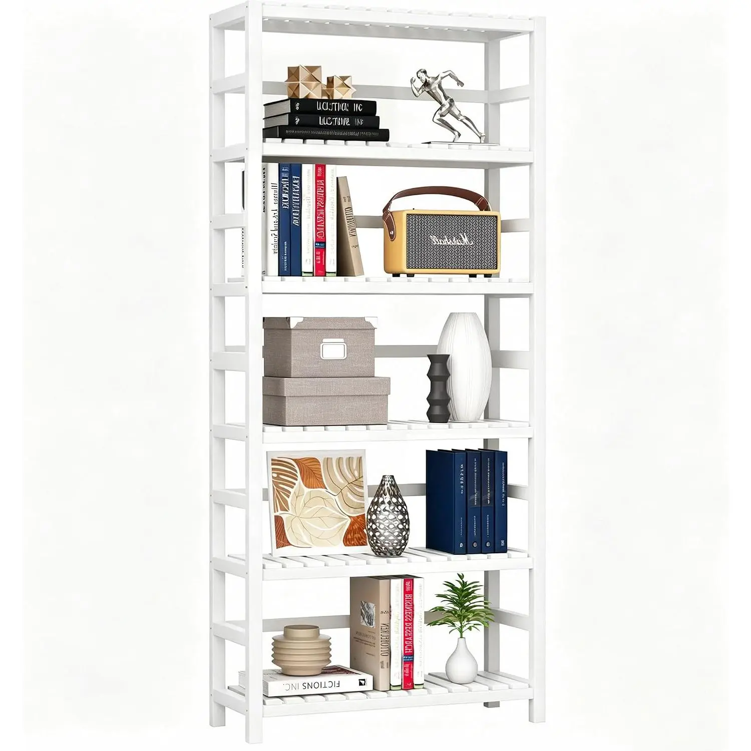 6-Tier Bamboo Shelf,Bamboo Storage Shelving Unit,Tall Bookcase with Adjustable Shelves,Multipurpose Storage Display Shelf for Bathroom, Living Room, Balcony, Kitchen,White