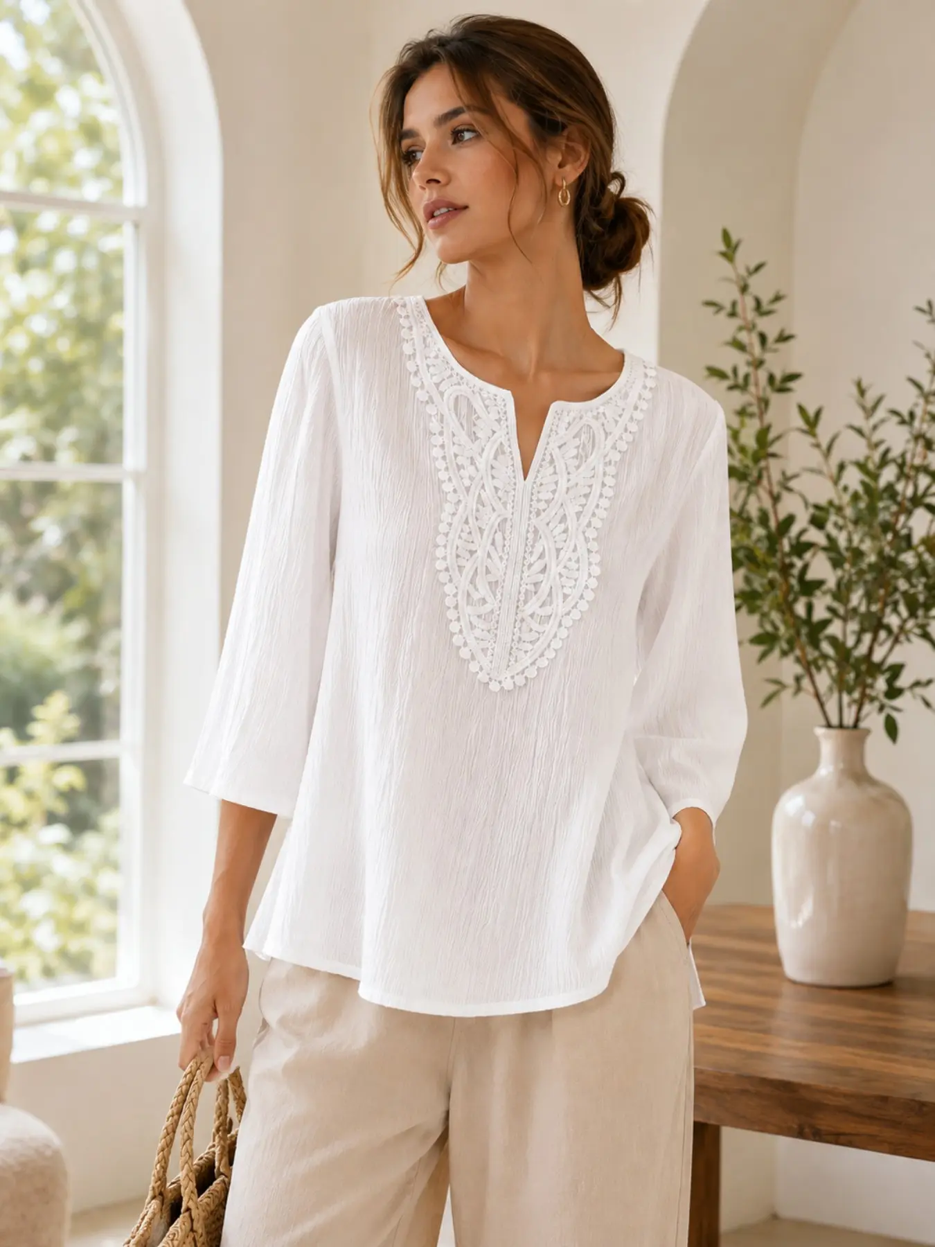 Women's Bohemian Embroidered Top, V-Neck Three-Quarter Sleeve, Lightweight Loose Fit Summer Long T-Shirt, Beach Vacation Casual Wear