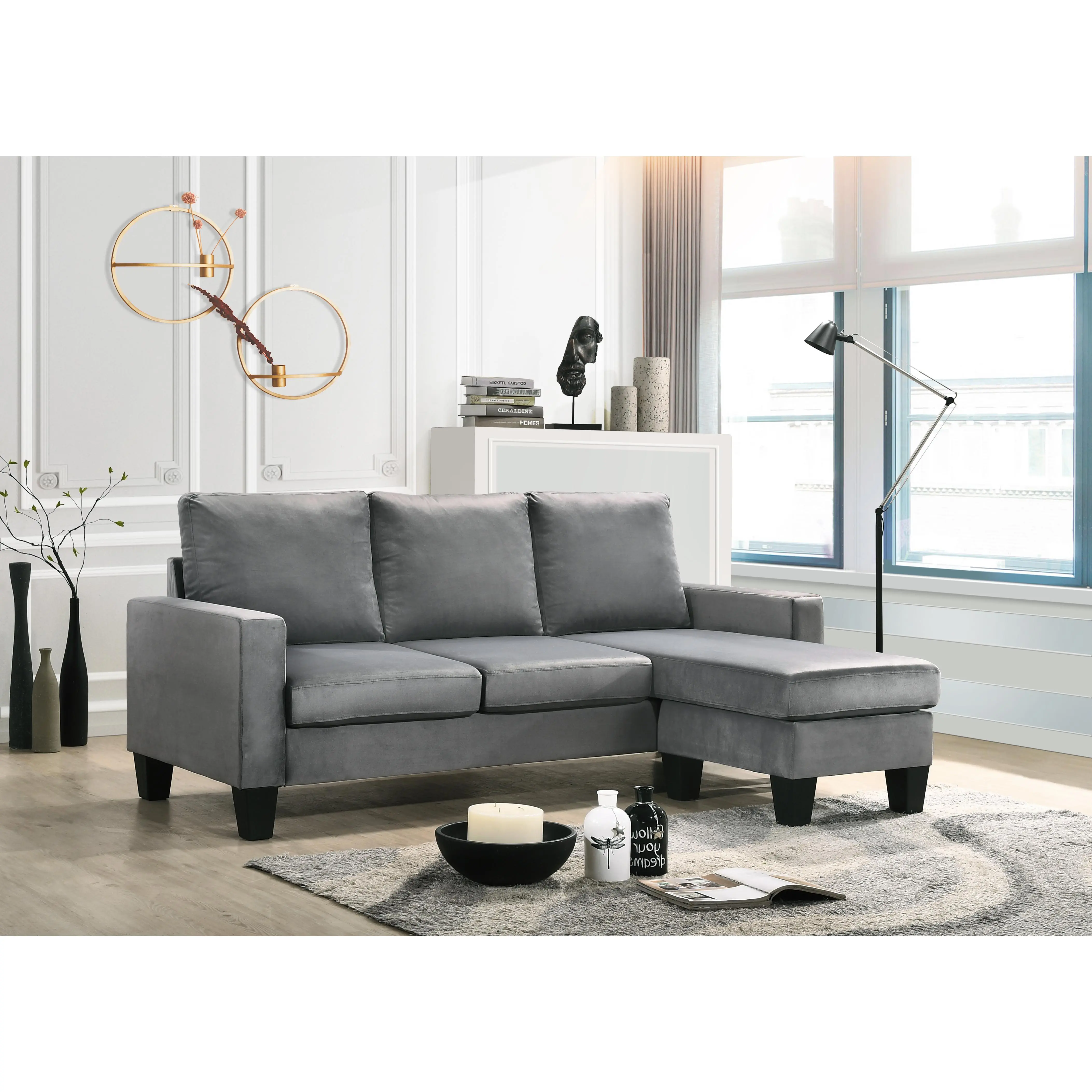 Nokaa Velvet Sofa Chaise with Ottoman, Gray 3-Seat Couch for Living Room, Apartment, Dorm, Small Space, Reversible Sectional with Removable Backs, Hardwood Frame