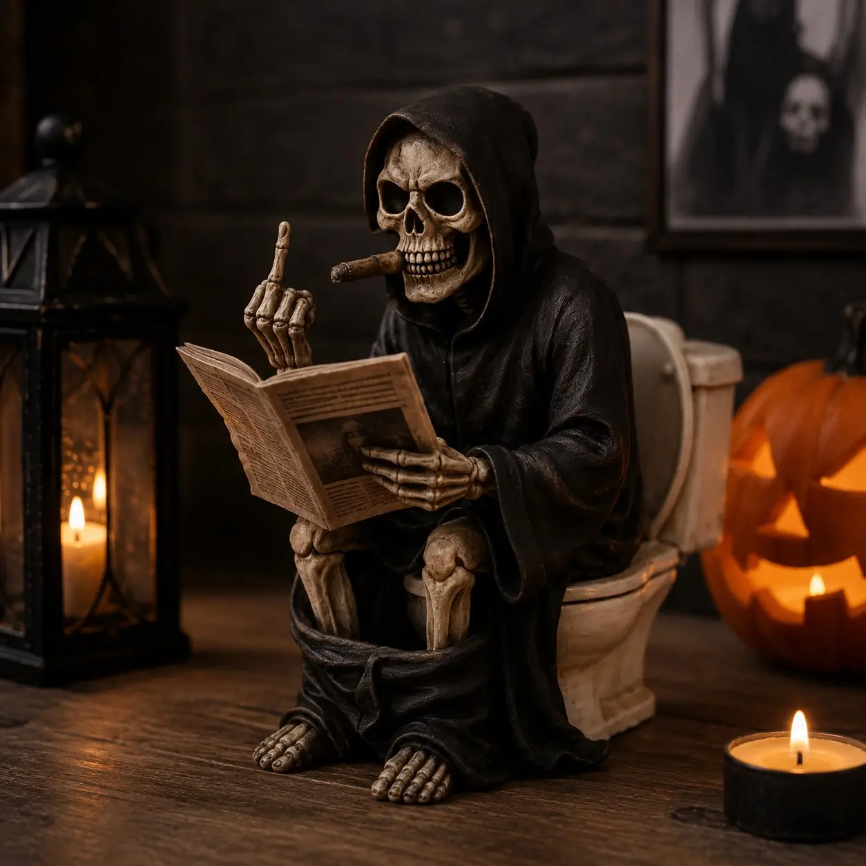1Pc Halloween Grim Reaper Resin Figurine, Funny Skeleton Toilet Statue with Middle Finger for Bathroom, Desk, Shelf & Halloween Home Decorations，halloween gift