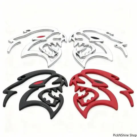 Metal Alloy 2-Emblem Set - 3D Hellcat Logo with Red Eyes, 3.4x2.76 in, Automobile Decals, Decal for Cars, Durable Vehicle Accessory, Enhancing the Appearance Fashion Accessory Set