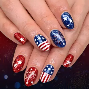 24Pcs Short Oval Press On Nails, Star Firework Glitter Reusable Independence Day Nail Tips