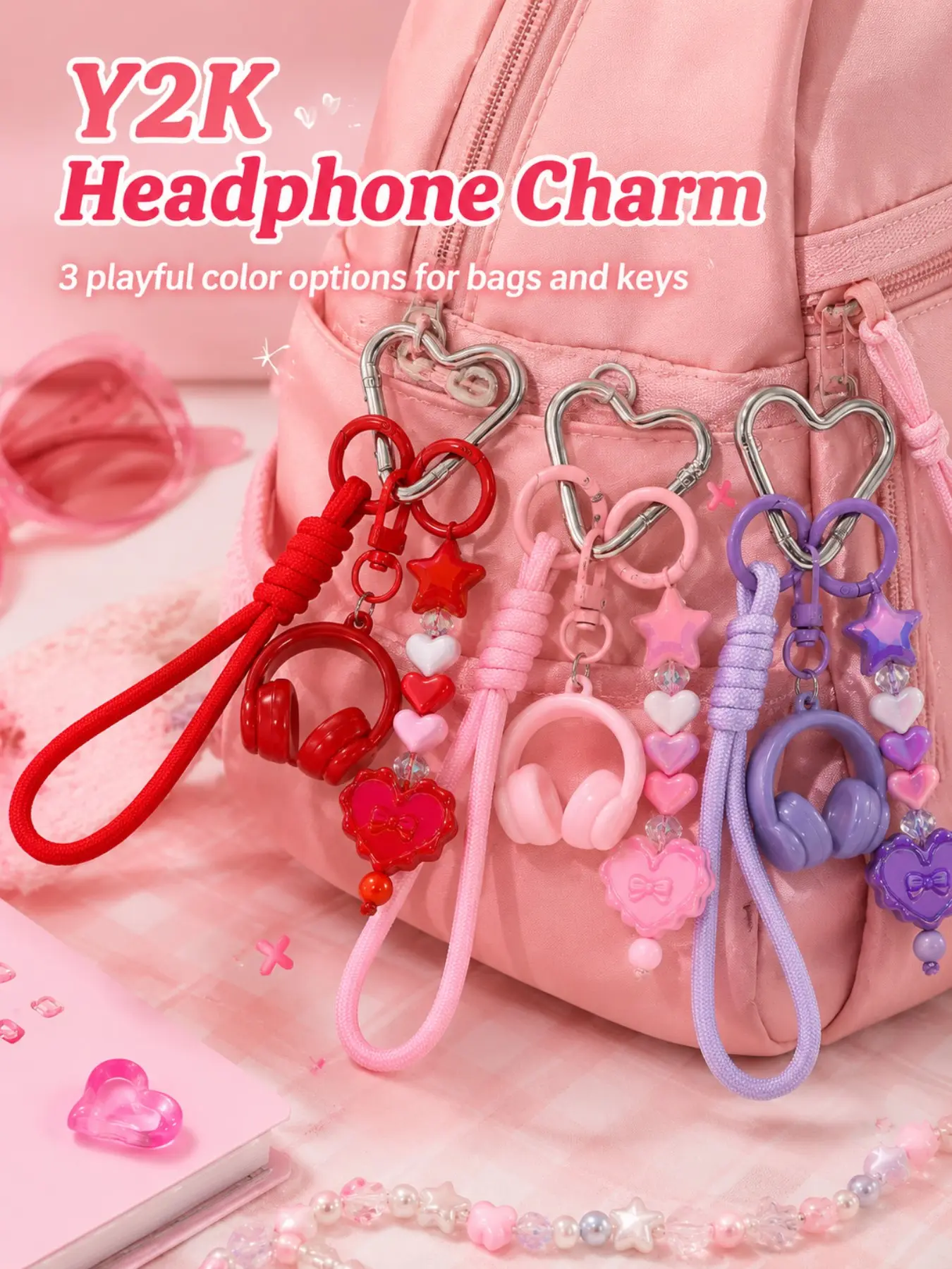 Coquette Aesthetic Heart Star Keychain, Pastel Candy Mini Headphone Charm, Soft Balletcore Decor, Cute Lanyard for Purse, Backpack, Car Keys, Cell Phone, Keychain For Bags