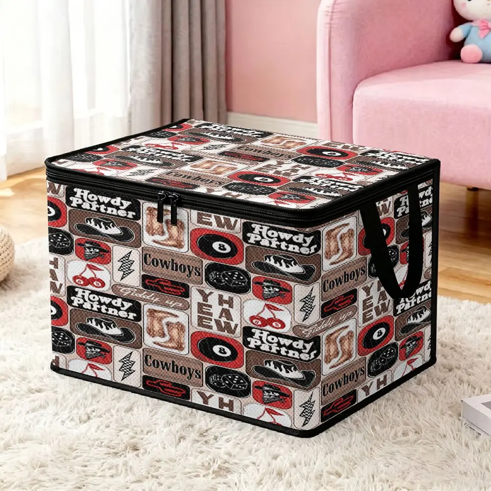 Fabric Storage Box with American Western Vintage Cowboy Collage Print, Double Zipper Thickened Dustproof Foldable Storage Bin, Portable Large-Capacity Fabric Organizer Box with Handle, Zipper and Lid for Home Use to Store Clothes, Quilts and Toys