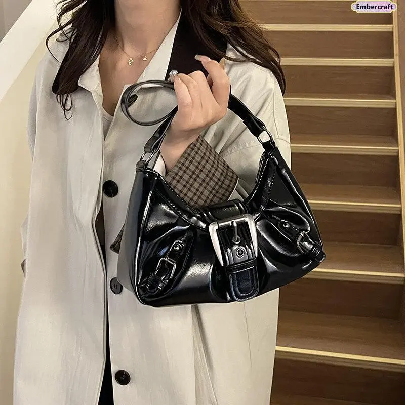 Y2K Slouchy Shoulder Bag, Retro Pleated Underarm Purse for Women with Downtown Girl Aesthetic, Trendy Moto Style Handbag for Shopping, Travel, Work & Everyday Streetwear Looks