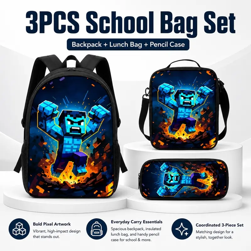 Pixel-style three-piece backpack set, including a large-capacity backpack, a small crossbody bag, and a pencil case, featuring a blue and black color scheme with flame effects, suitable for daily use by students
