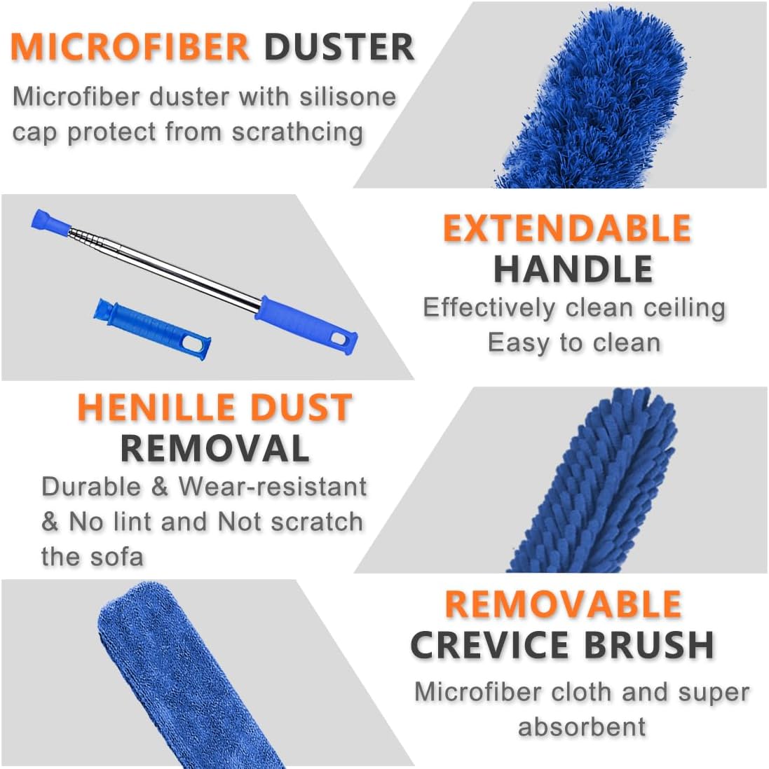 Microfiber Duster, 6 count Washable Bendable Dusters with 100" Telescopic Pole, Cobweb Cleaner for Ceiling Fans, Lights, Blinds, , Furniture (Blue) Microfiber Duster, 6 count Washable Bendable Dusters with 100" Telescopic Pole, Cobweb Cleaner for Ceiling Fans, Lights, Blinds, , Furniture (Blue)