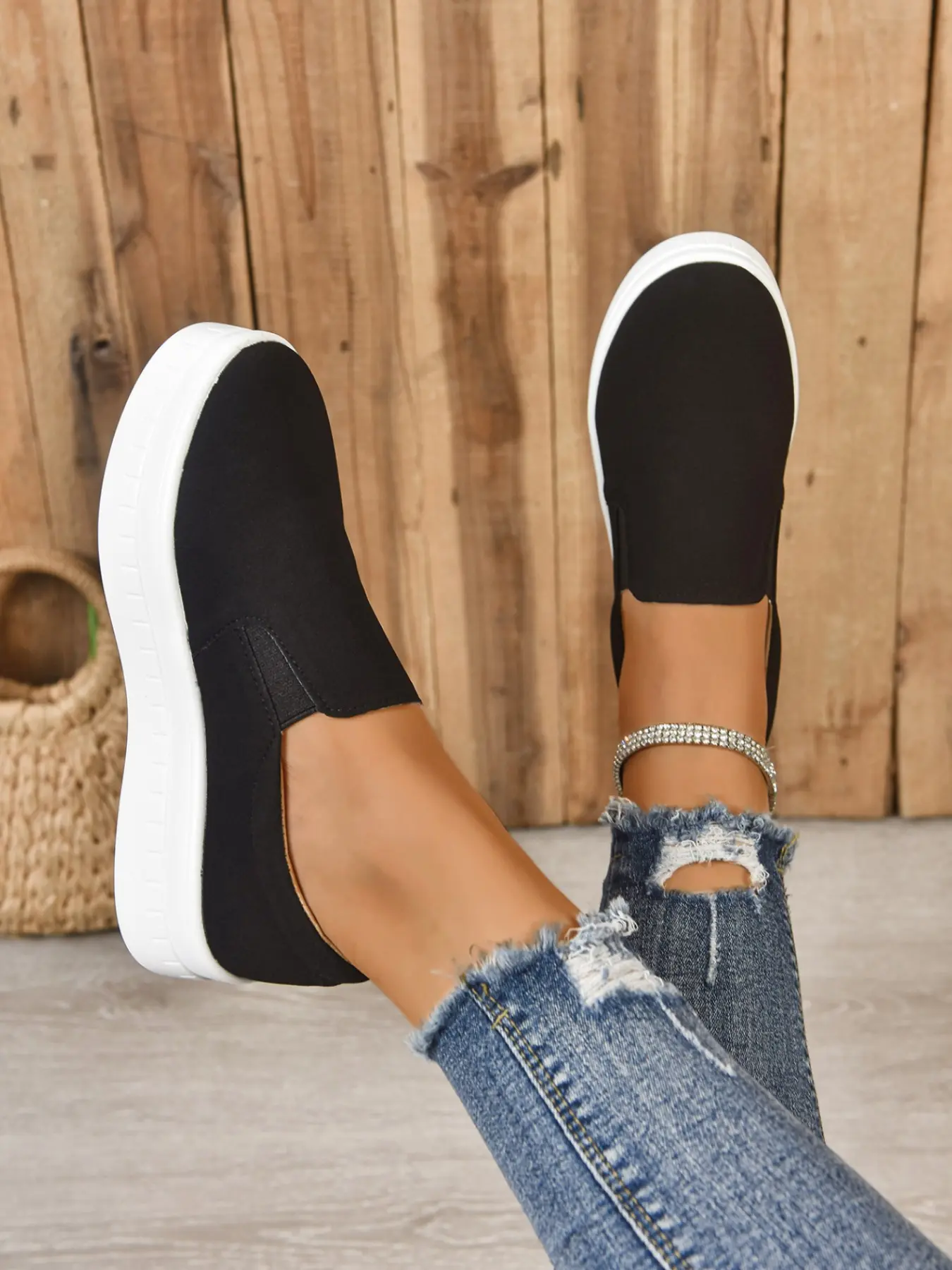 Thick Sole Women's Shoes, Faux Fur Breathable Round Toe Slip-On Casual Shoes, All-Season Flat Heel Footwear, Comfortable Daily Wear