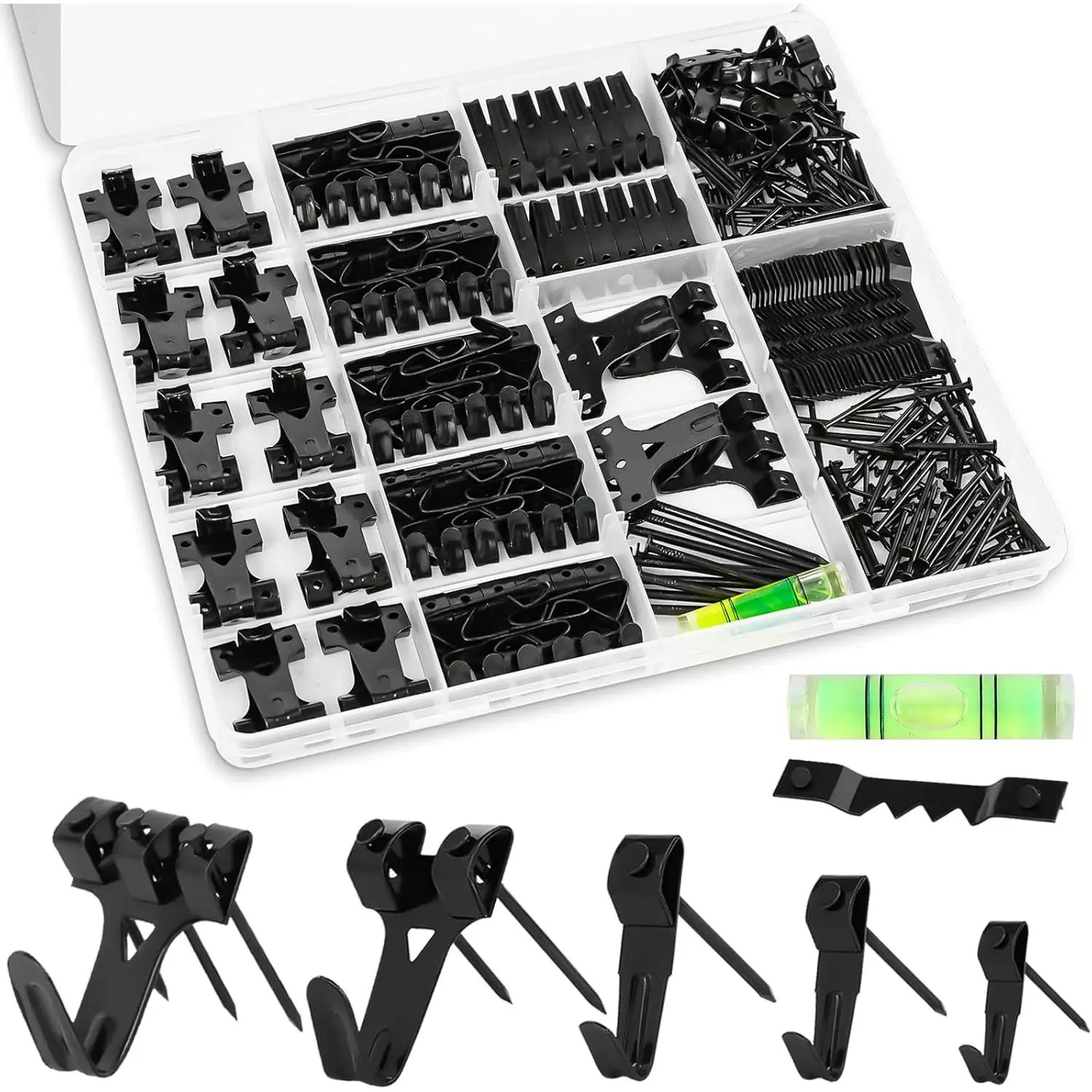 385Pcs Picture Hanging Kit with Heavy Duty Hooks, Sawtooth Hangers, Hardware Nails and Hanging Tool, Wall Hangers for Frames, Paintings, Art, Photos (Black)Gift