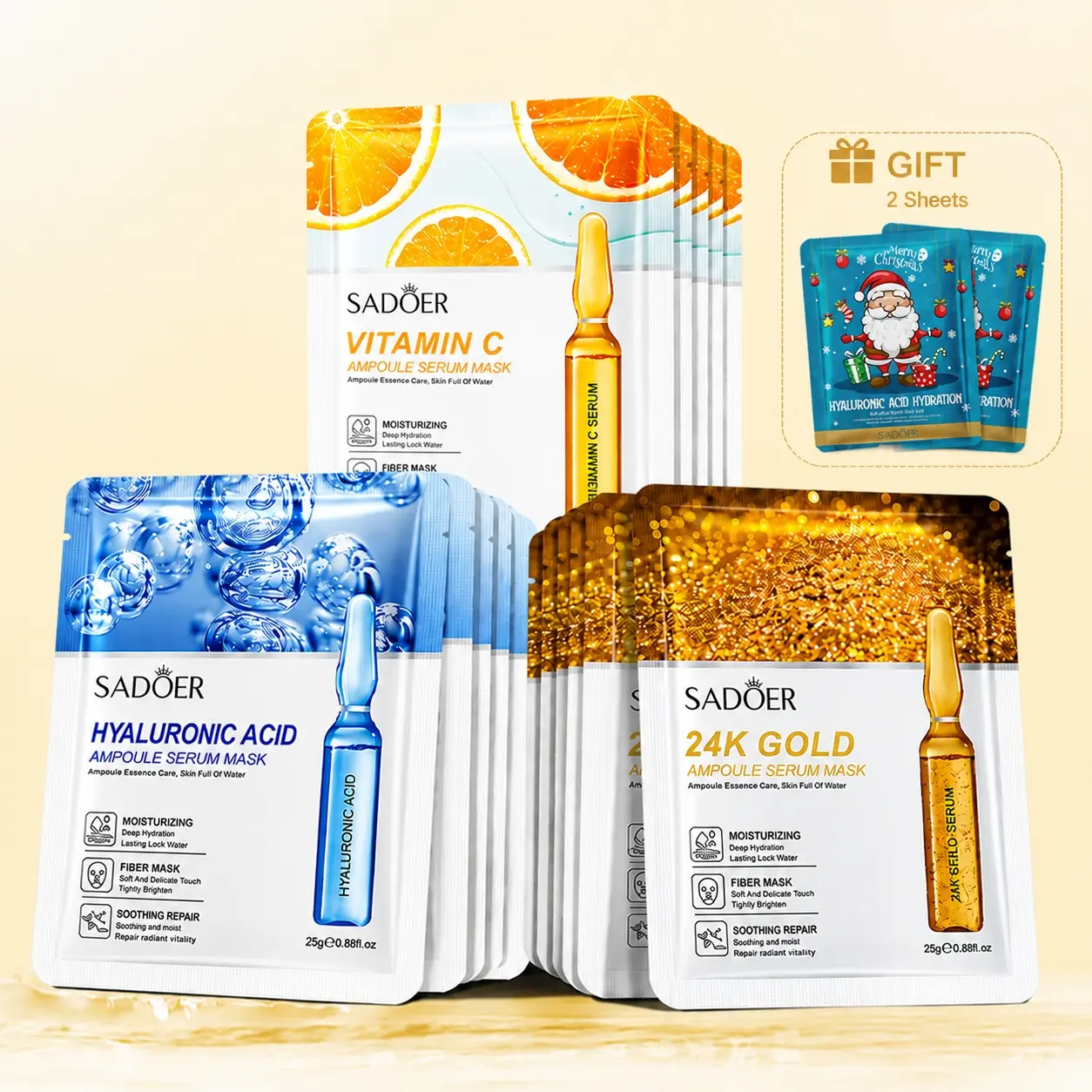 SADOER Ampoule Serum Facial Mask Set 15 Sheets, Vitamin C 24K Golden Hyaluronic Acid Sheet Masks with Ascorbic Acid and Sodium Hyaluronate, Hydrating Brightening Soothing Fiber Face Mask, 3 Variants x 5 Pack