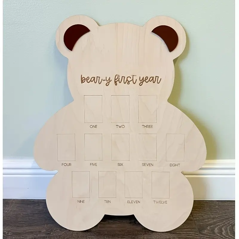 1-Year-Old Birthday Photo Wall, Teddy Bear Theme, Memorial Gift, Includes Decorative Frame, Free Name Customization, 12-Month Growth Milestone