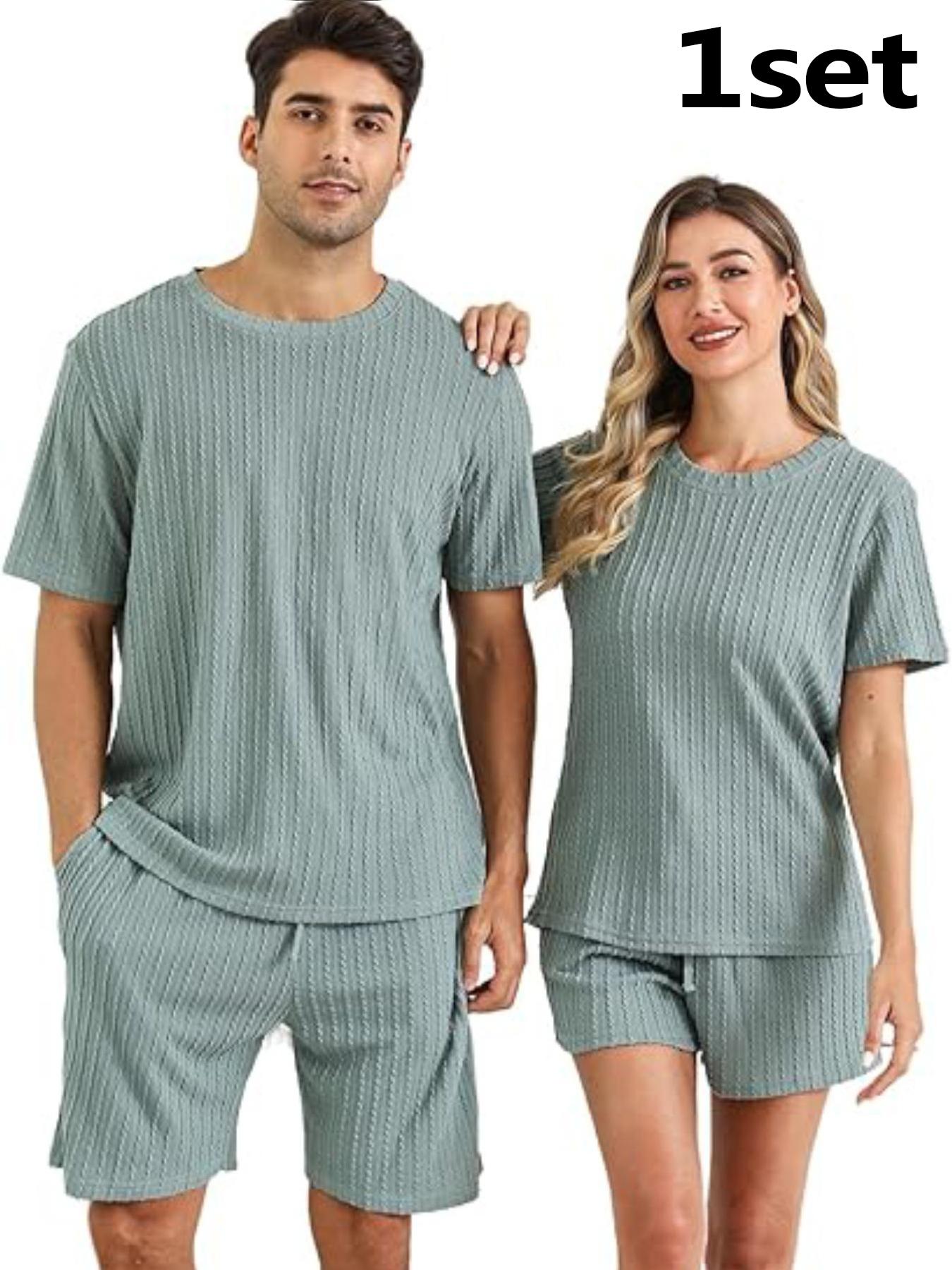 Couple's Solid Short Sleeve Tee & Shorts Pyjama Set, Casual Comfy Round Neck T-shirt & Shorts PJ Set, Couple's Sleepwear for All Seasons Loungewear