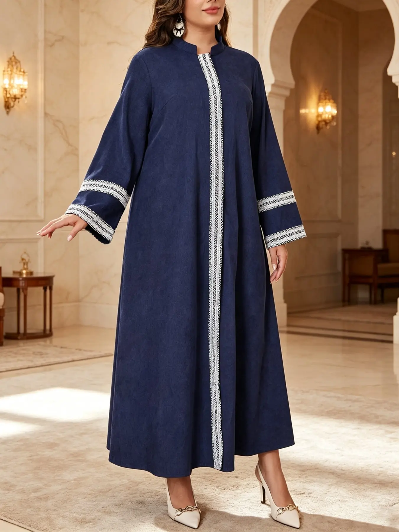 Vintage Navy Color Block Belted Shawl Dress, Loose Over-The-Knee Middle Eastern Style Long Skirt, Perfect for Prayer, Commute, Parties
