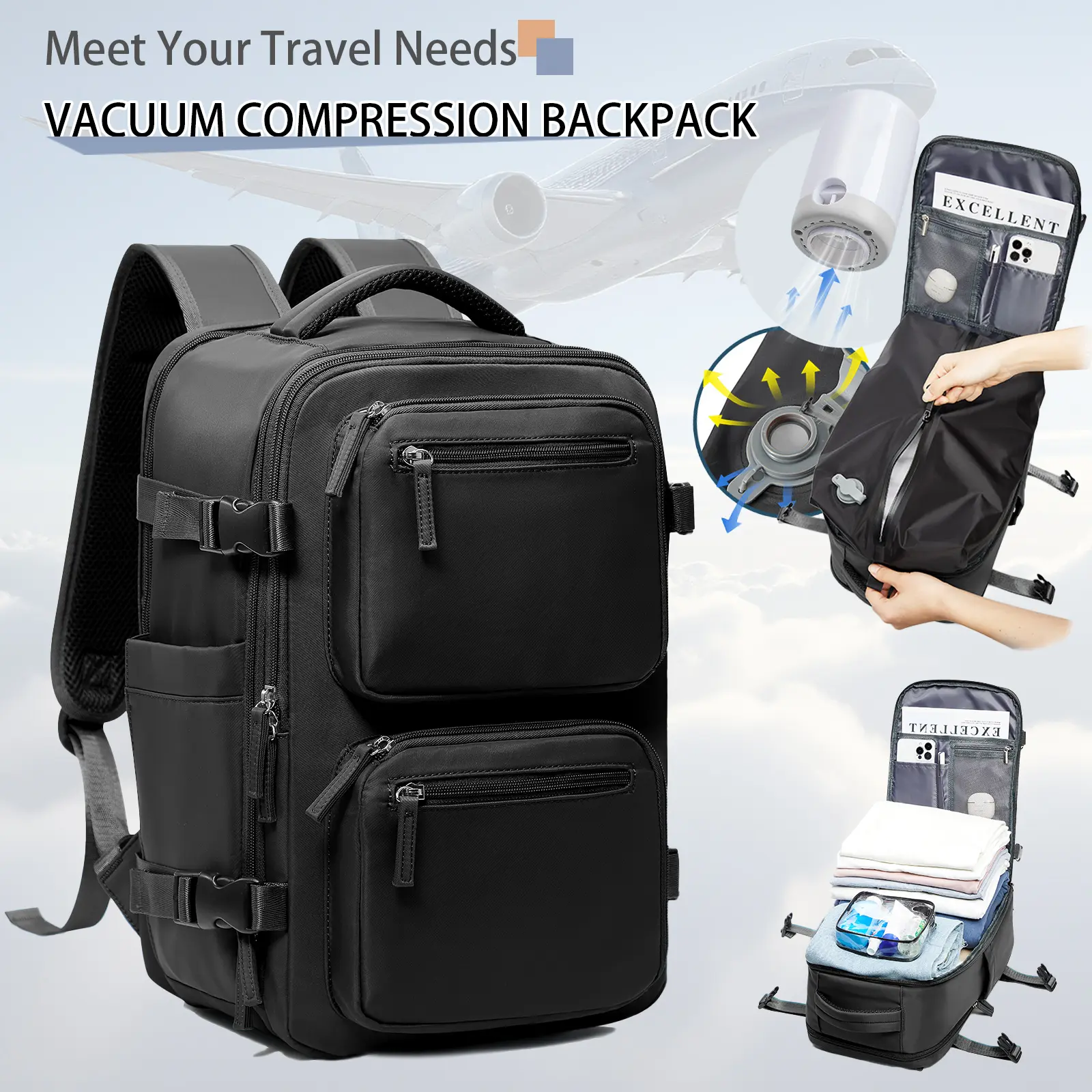 Vacuum Backpack Travel with Pump Vacuum Travel Backpack Carry On Flight Approved Frontier Spirit Airlines Personal Item Bag 18x14x8 Compression Carry On Luggage for Women Men Black