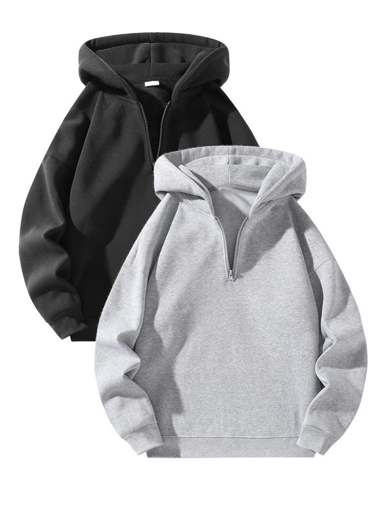 Men's Plain Half Zip Up Thermal Lined Longsleeves Hoodie, Hoodies for Men, Regular Fit Casual Cozy Fashion Warm Drop Shoulder Long Sleeve Hooded Sweatshirt for Fall & Winter, Mens Clothing, Hoodies for Men, Menswear, Cute Hoodies