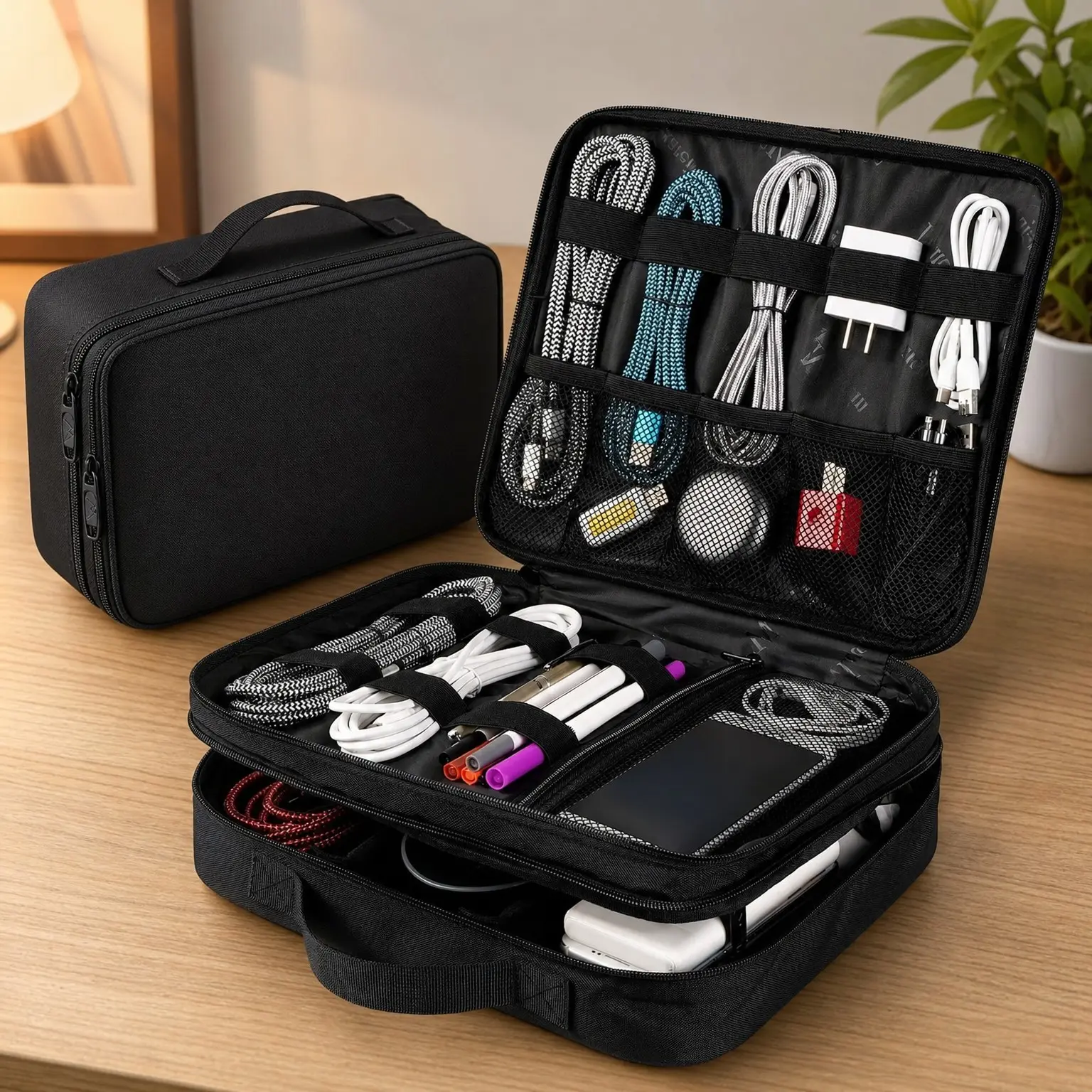 Large Travel Cable Organizer Bag with Handle - Sturdy Carrying Case for Electronics Accessories, Phone, Cords, Tablet Up to 12.9 inch, Powerbank, Hard Drive, BlackGift