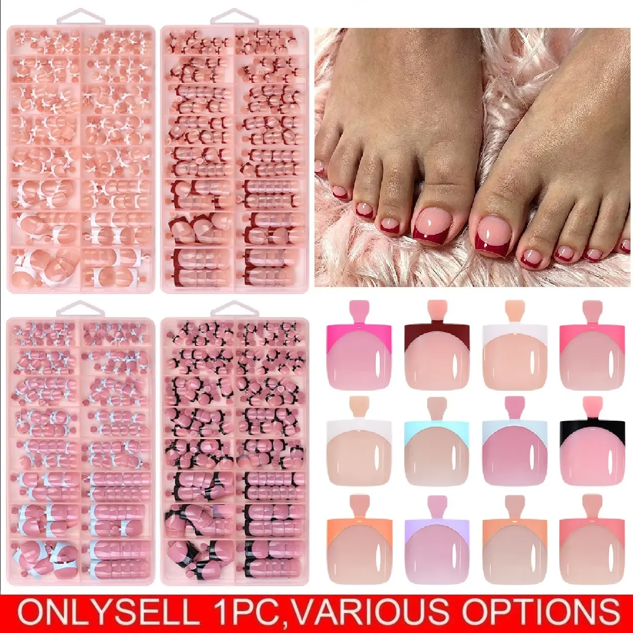 160pcs Glossy Pink Nail Tips Fake Nails False Nails Press On Toe Nails for Women and Short Square Shape Stripe Design with white Tips Easy to Apply Durable Pressons, Decorative Nails