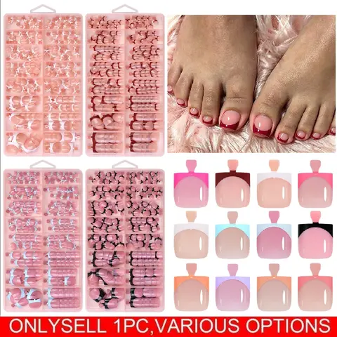 160pcs Glossy Pink Nail Tips Fake Nails False Nails Press On Toe Nails for Women and Short Square Shape Stripe Design with white Tips Easy to Apply Durable Pressons, Decorative Nails
