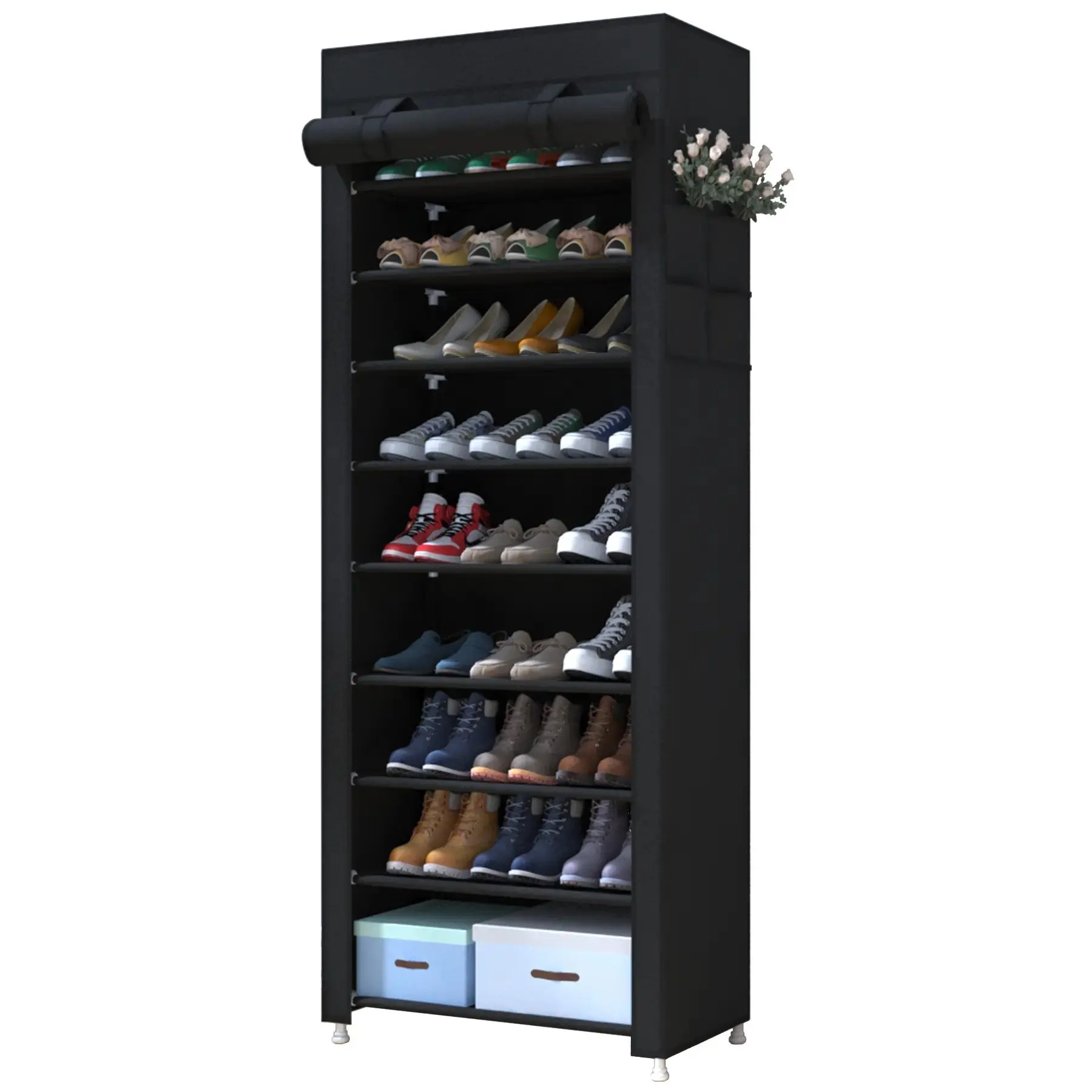 10 Tier Shoe Rack 9 Grids with Dustproof Cover,Adjustable Standing Shelf, High Storage Rack, Adjustable Metal Racks