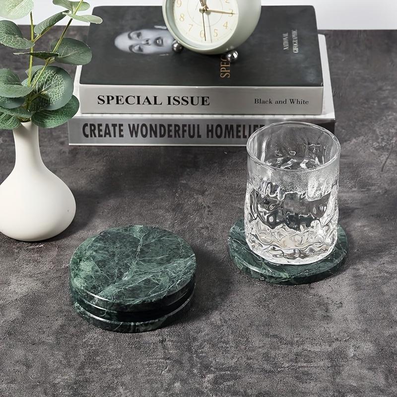 4Pcs Natural Marble Coasters with Holder, Heat Resistant Round Stone Table Protectors, Elegant Marble Pattern Drink Coasters for Coffee Table & Bar, Housewarming Gift.