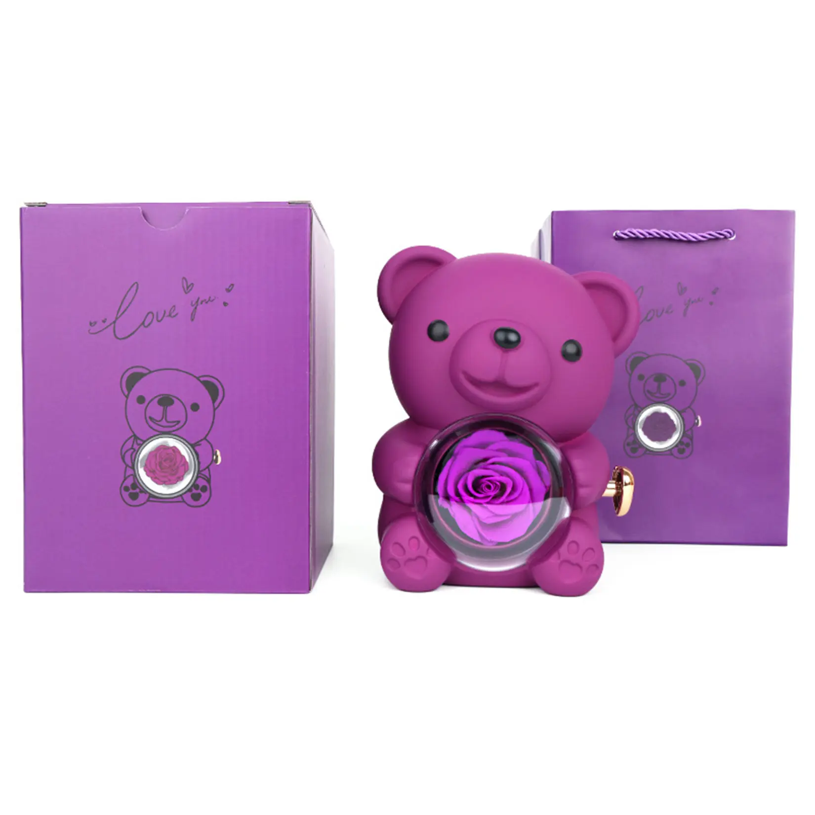 Forever Rose Teddy Bear Gift Set with Music Box – Preserved Flower Bear Plush in Gift Box & Bag, Romantic Anniversary Birthday Present for Women, Wife, Girlfriend, Mom