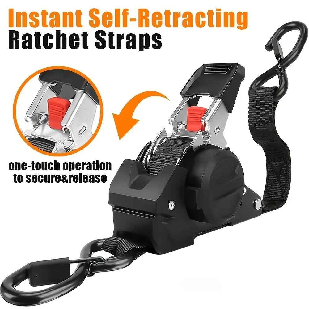 Heavy-duty self-retractable cargo belts with flexible rings and storage bags, ultra-durable alloy and nylon materials, no assembly required, labor-saving design, ideal for towing, cargo bundling, and outdoor adventures (black)