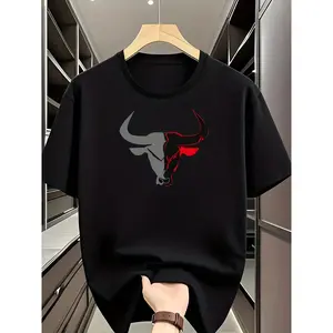2026 Men's Power Symbol Tee Bold Red & Grey Bull Head Casual Shirt Breathable Crewneck Spring Summer New Arrival Comfortable Fit