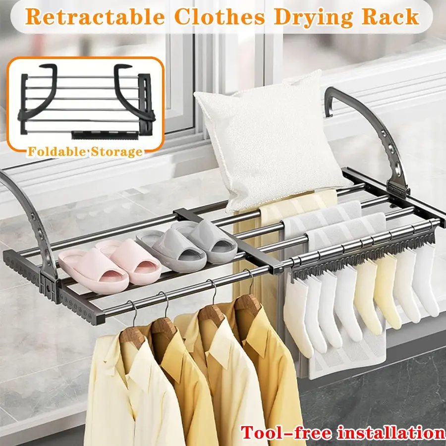 Foldable Wall-Mounted Clothes Drying Rack, Extendable, Easy Installation, Space-Saving, Radiator Rod, Outdoor Fence, Shoe Rack